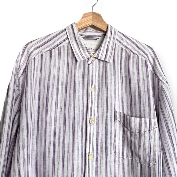 Tommy Bahama Relax 100% Linen Purple Striped Casual Button Down Shirt Men's XLT - Picture 3 of 9